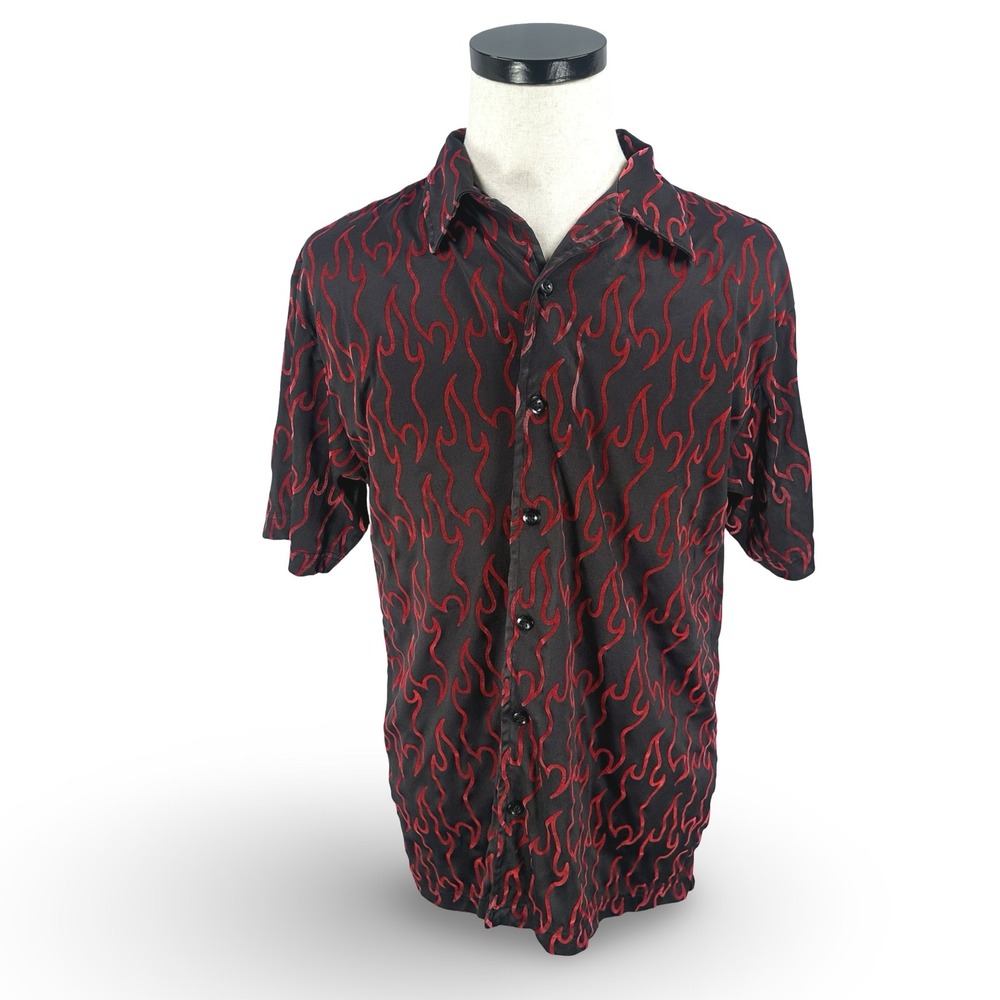 Street Culture Mens Large Black Red Flame‎ Applique Short Sleeve Button Shirt